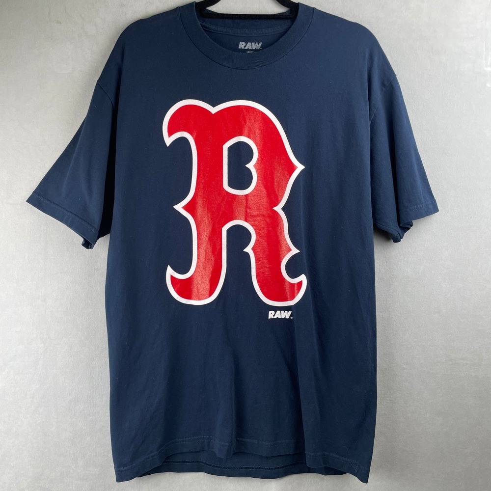 RAW Mens Graphic T-Shirt Blue Red R Logo Crew Neck Size L Rare Skate Streetwear